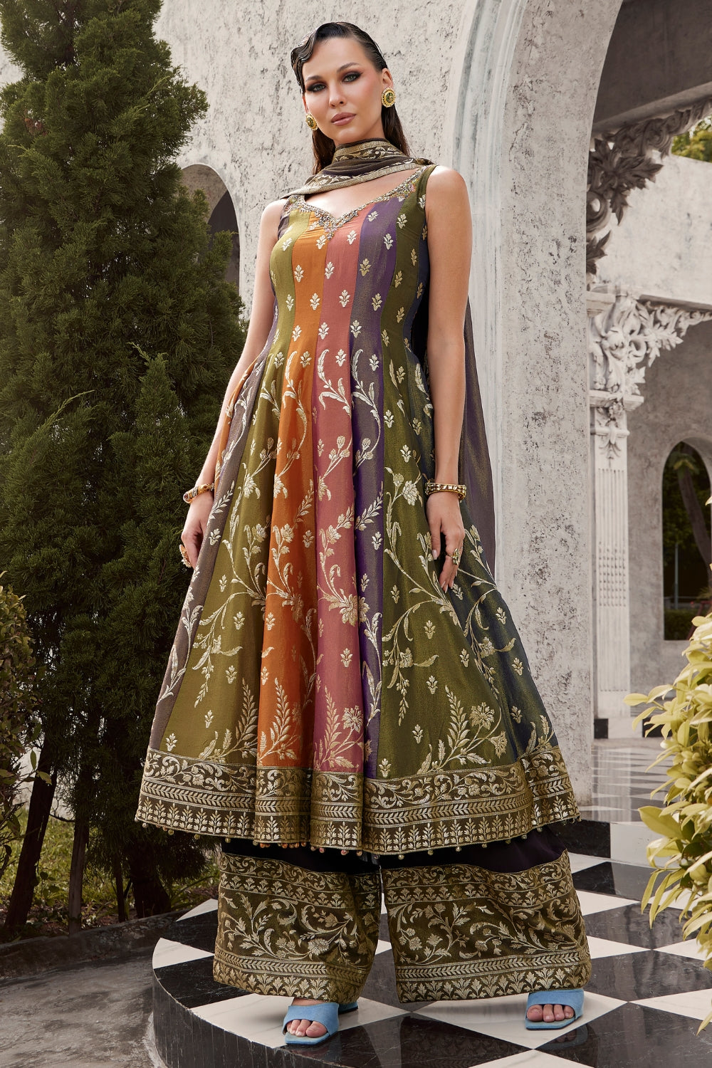 Multi Organza Silk Anarkali Set with Zardosi and Weaving Work