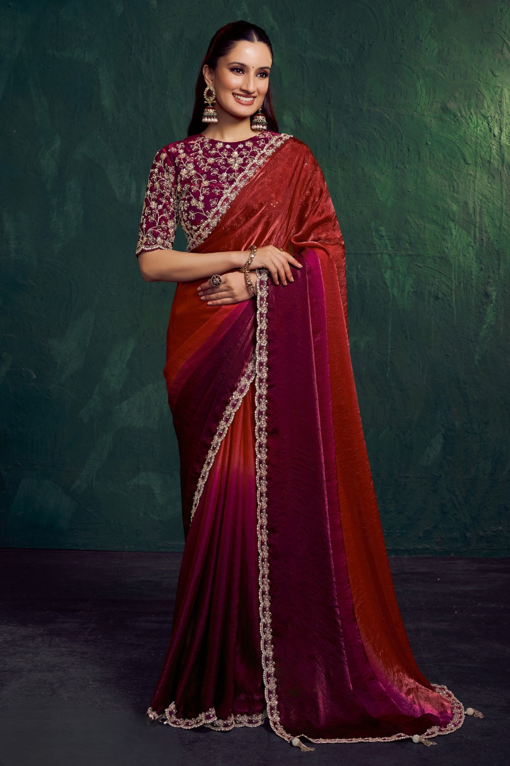 Multi Satin Silk Saree with Cutdana and Moti Work