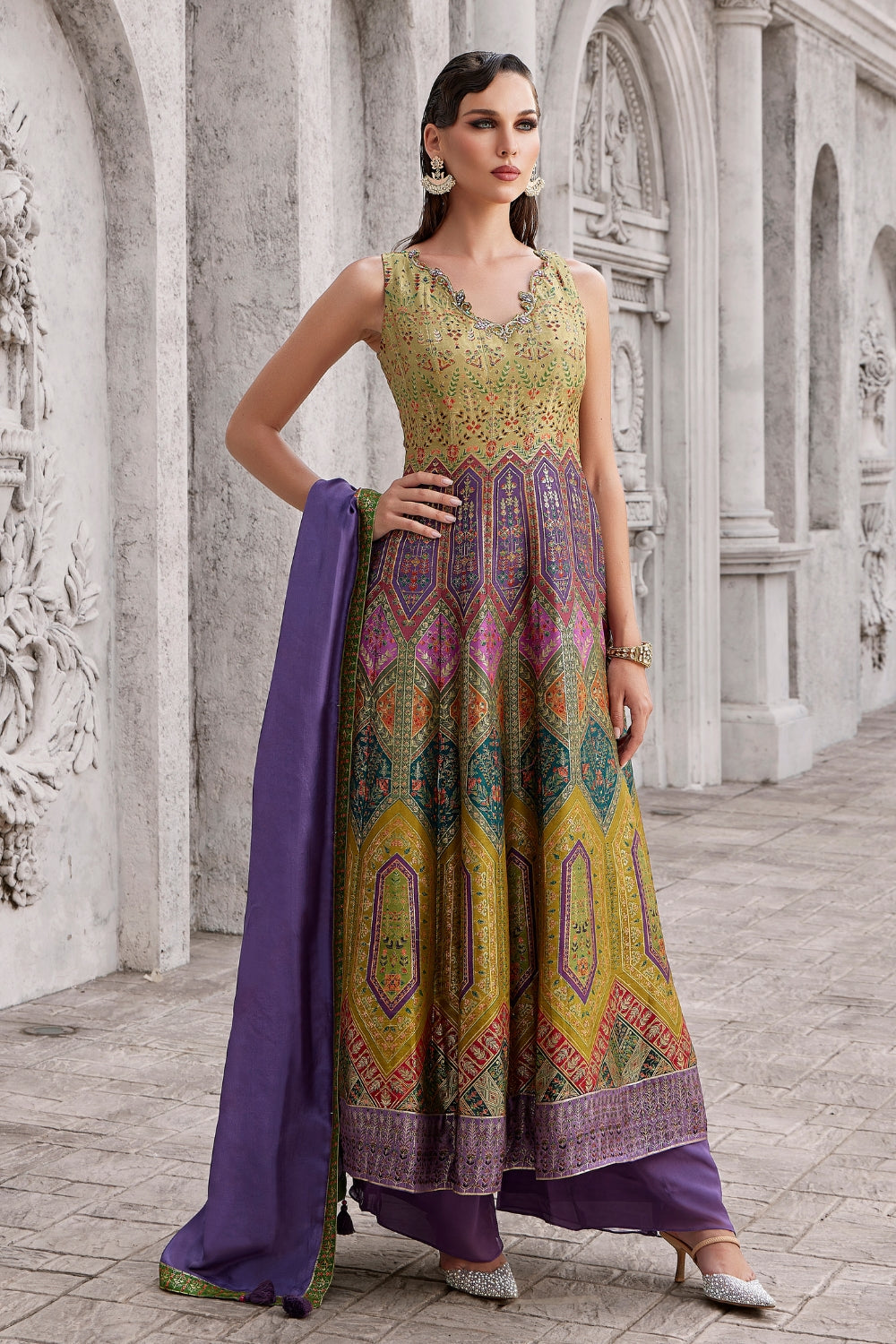 Multi Silk Anarkali Set with Cutdana and Resham Embroidery Work