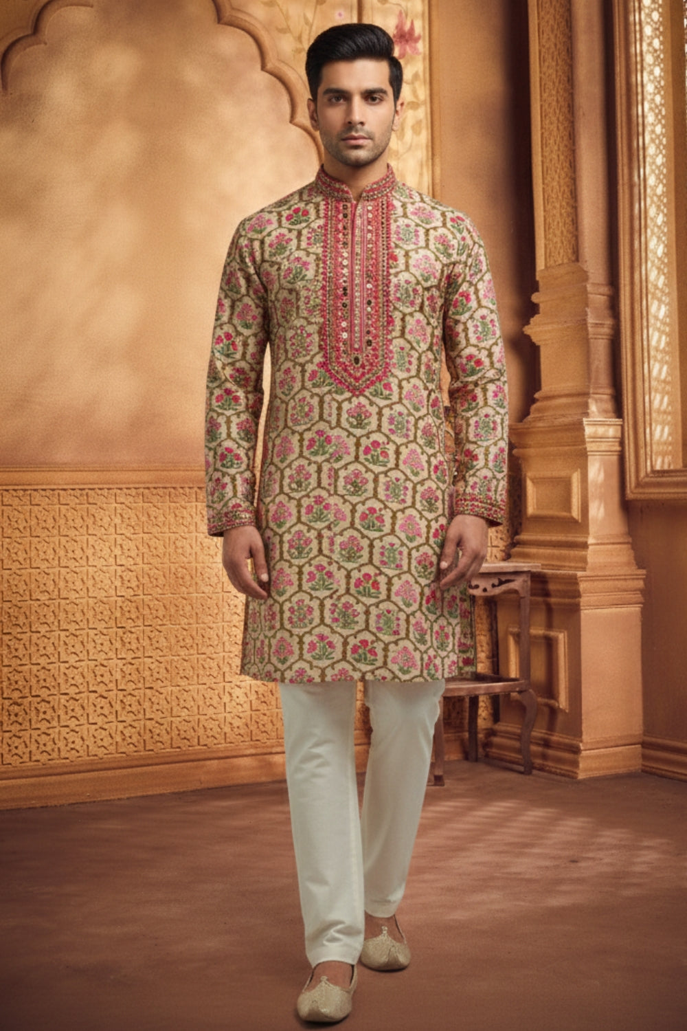 Multi Silk Kurta Set with Mirror and Embroidery Work