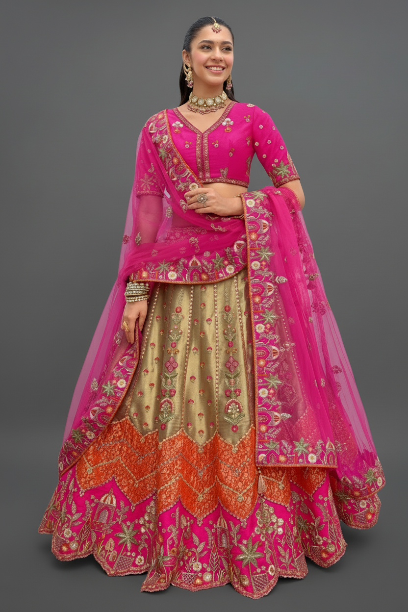 Multi Silk Lehenga Set with Sequins and Stone Work