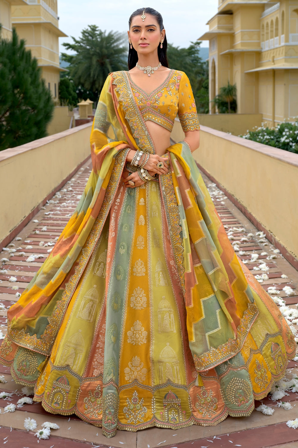 Multi Silk Lehenga Set with Stone and Embroidery Work