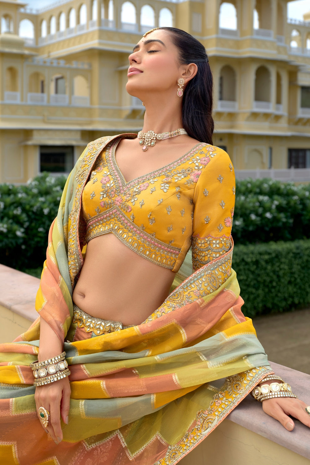 Multi Silk Lehenga Set with Stone and Embroidery Work