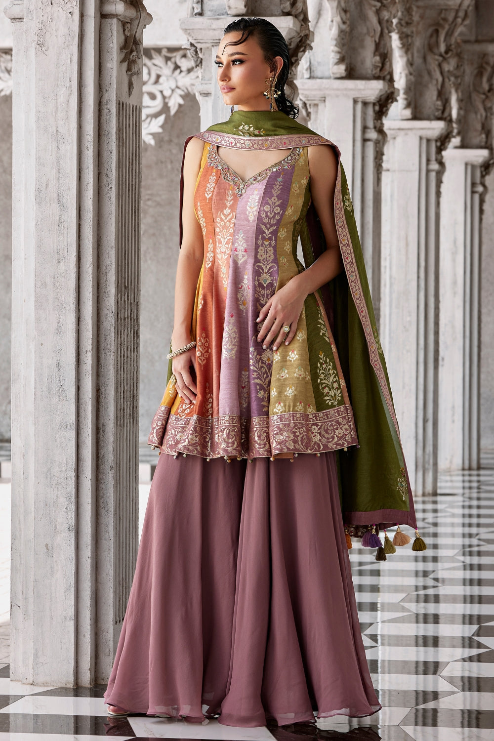 Multi Silk Palazzo Set with Cutdana and Resham Embroidery Work