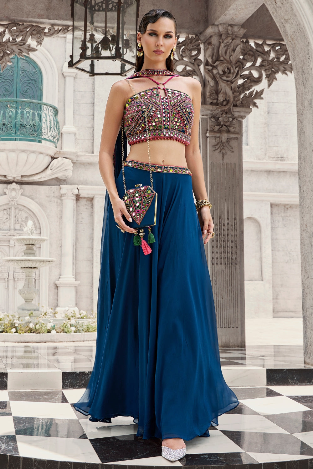 Multi Silk Palazzo Set with Mirror and Resham Embroidery Work