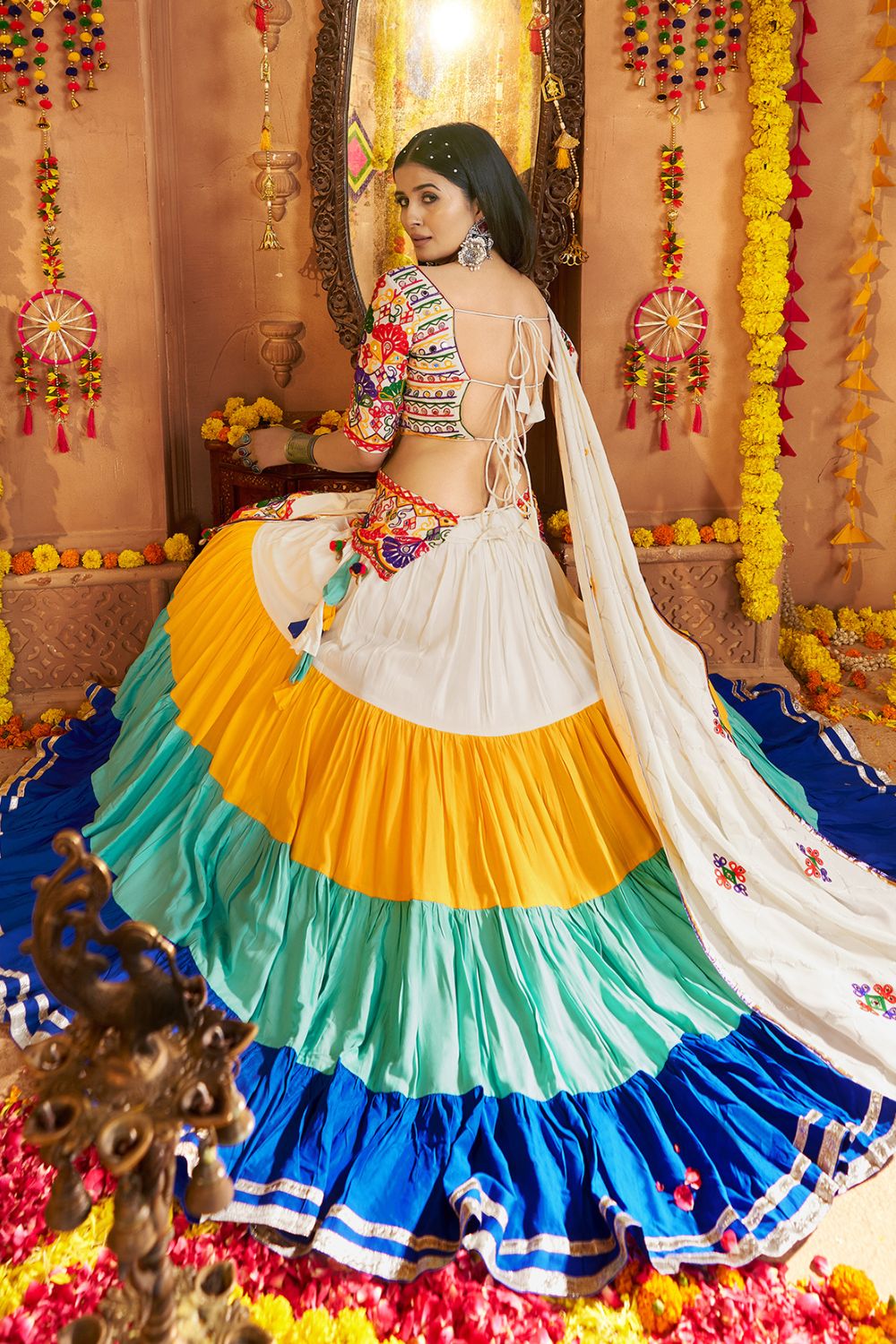 Multi Viscose Cotton Navratri Lehenga Choli Thread With Mirror Work