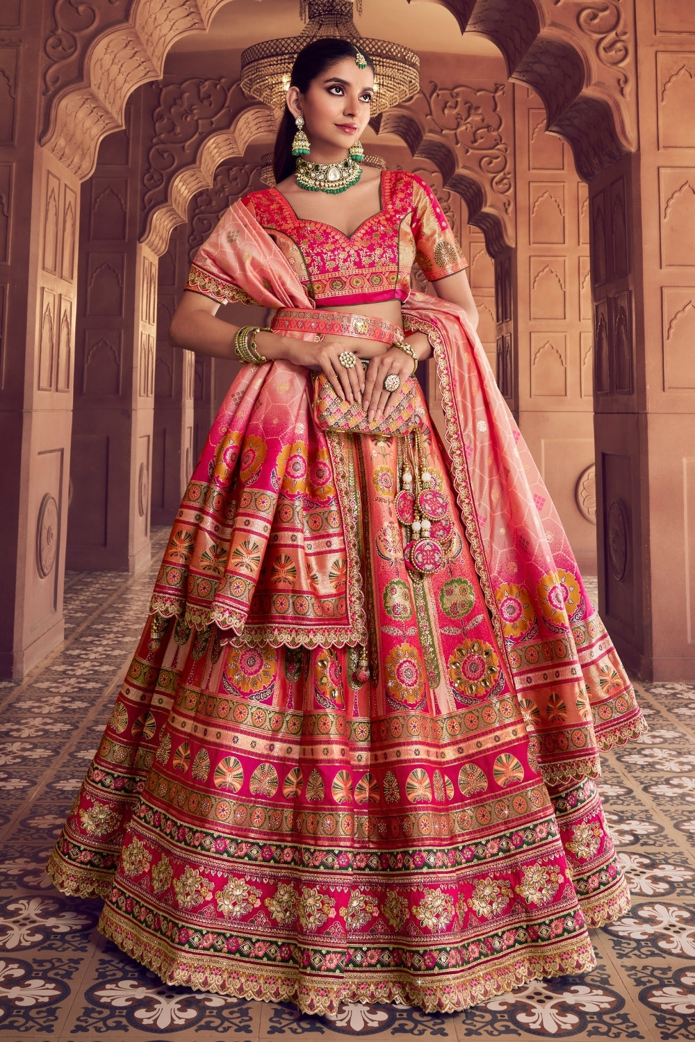 Multi Banarsi Silk Bridal Lehenga Set with Embroidery and Stone Work