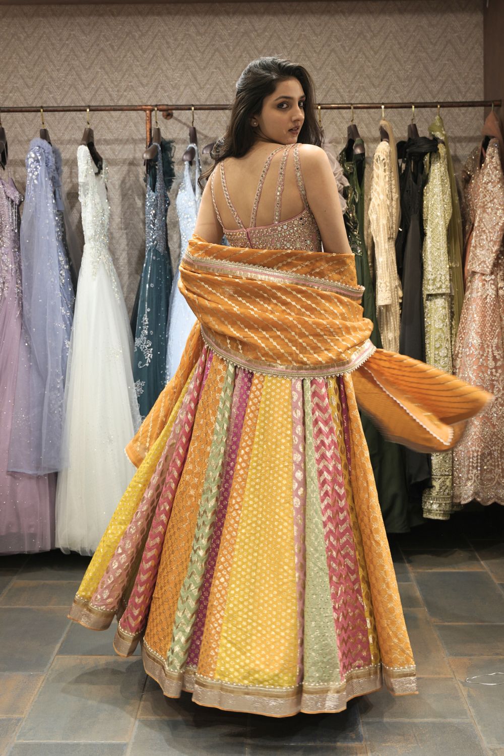 Multi Color Banarasi Lehenga Choli with Pearl and Zardosi Work