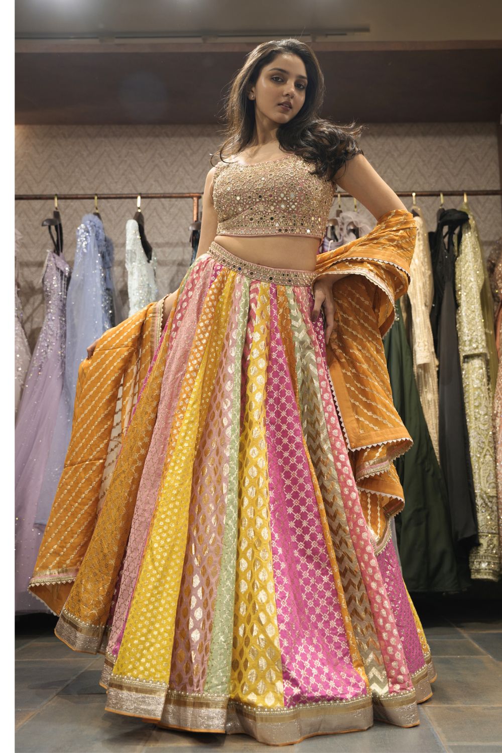 Multi Color Banarasi Lehenga Choli with Pearl and Zardosi Work