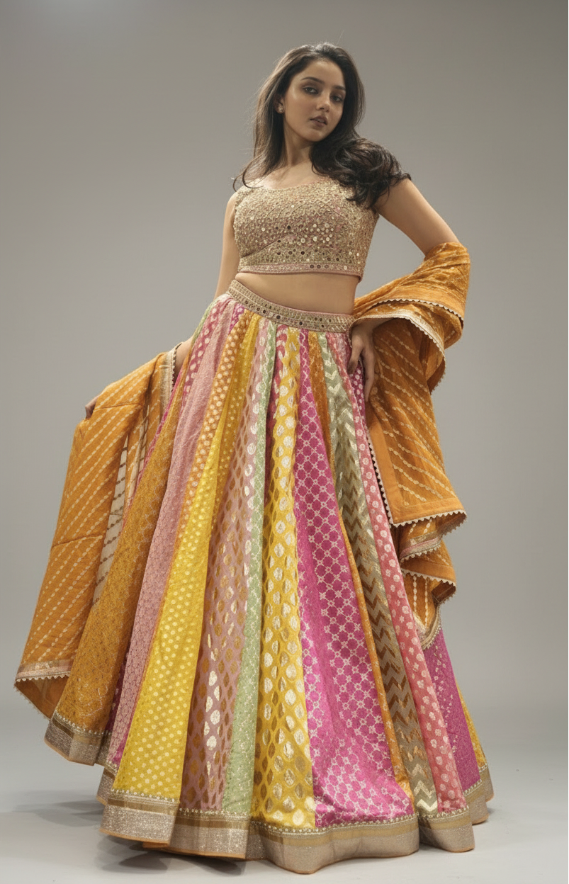 Multi Color Banarasi Lehenga Choli with Pearl and Zardosi Work