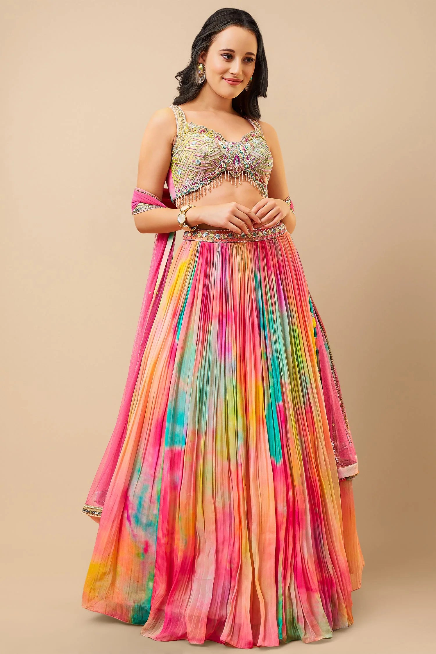 Multi Colored Organza Tie-Dye Lehenga with Handwork Blouse