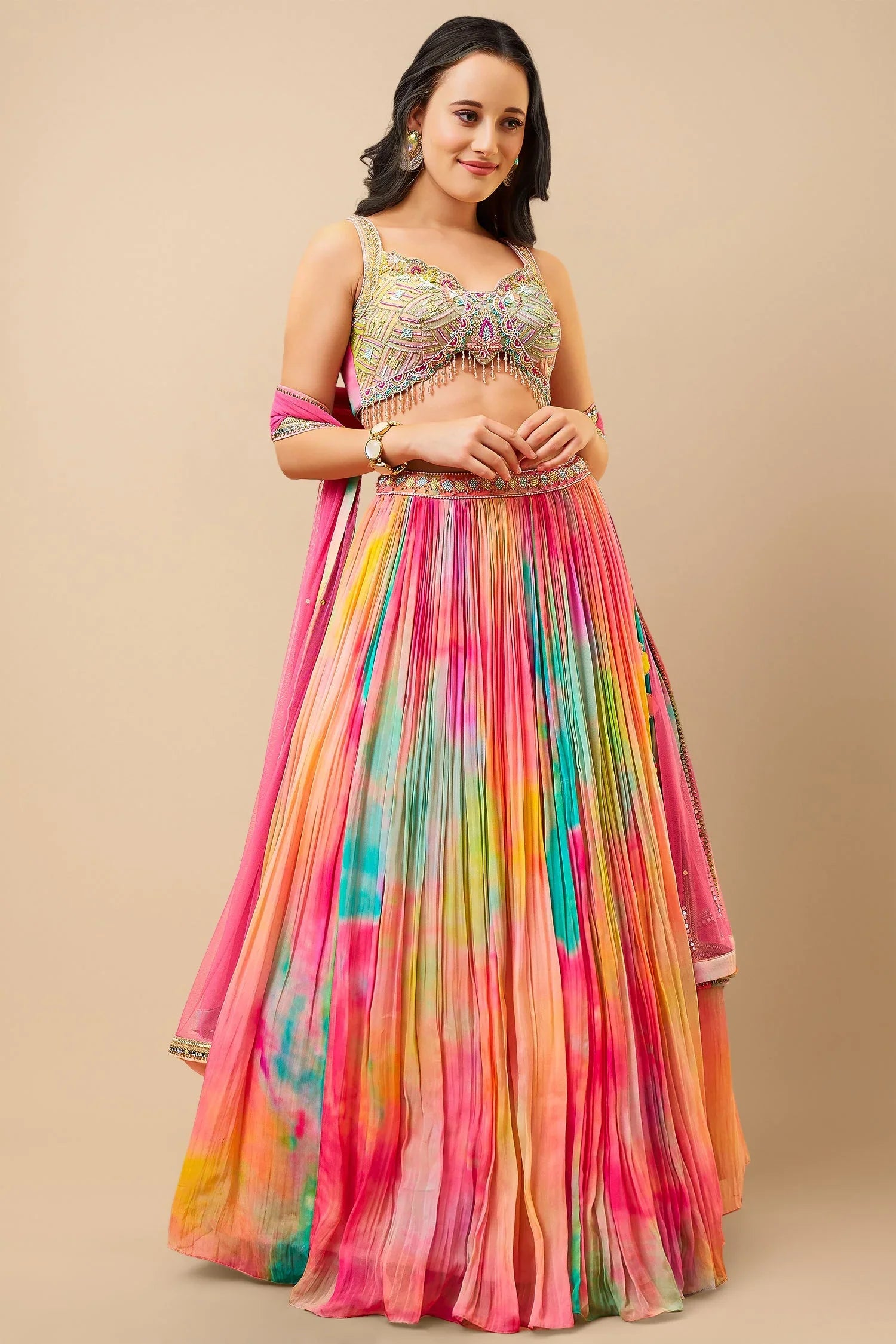 Multi Colored Organza Tie-Dye Lehenga with Handwork Blouse
