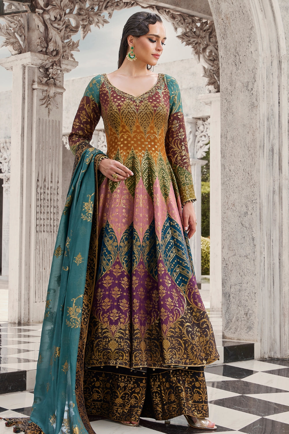 Multi Georgette Anarkali set with Cutdana and Weaving Work