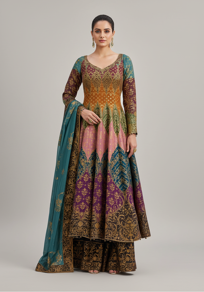 Multi Georgette Anarkali set with Cutdana and Weaving Work