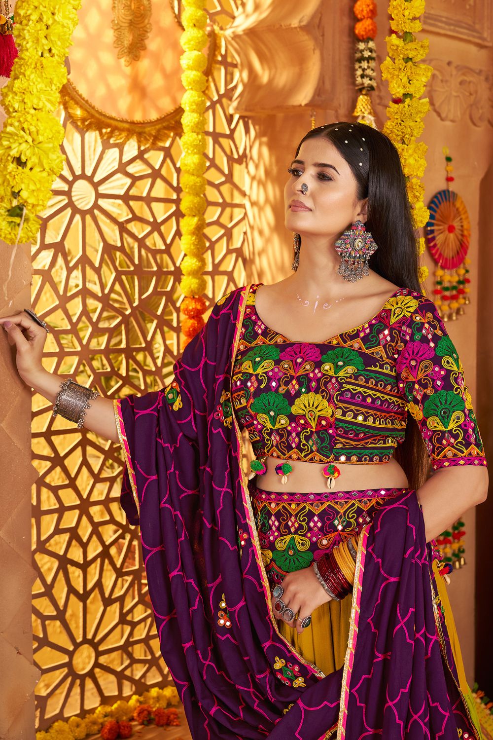 Mustard And Green Viscose Cotton Navratri Lehenga Choli Thread With Mirror Work