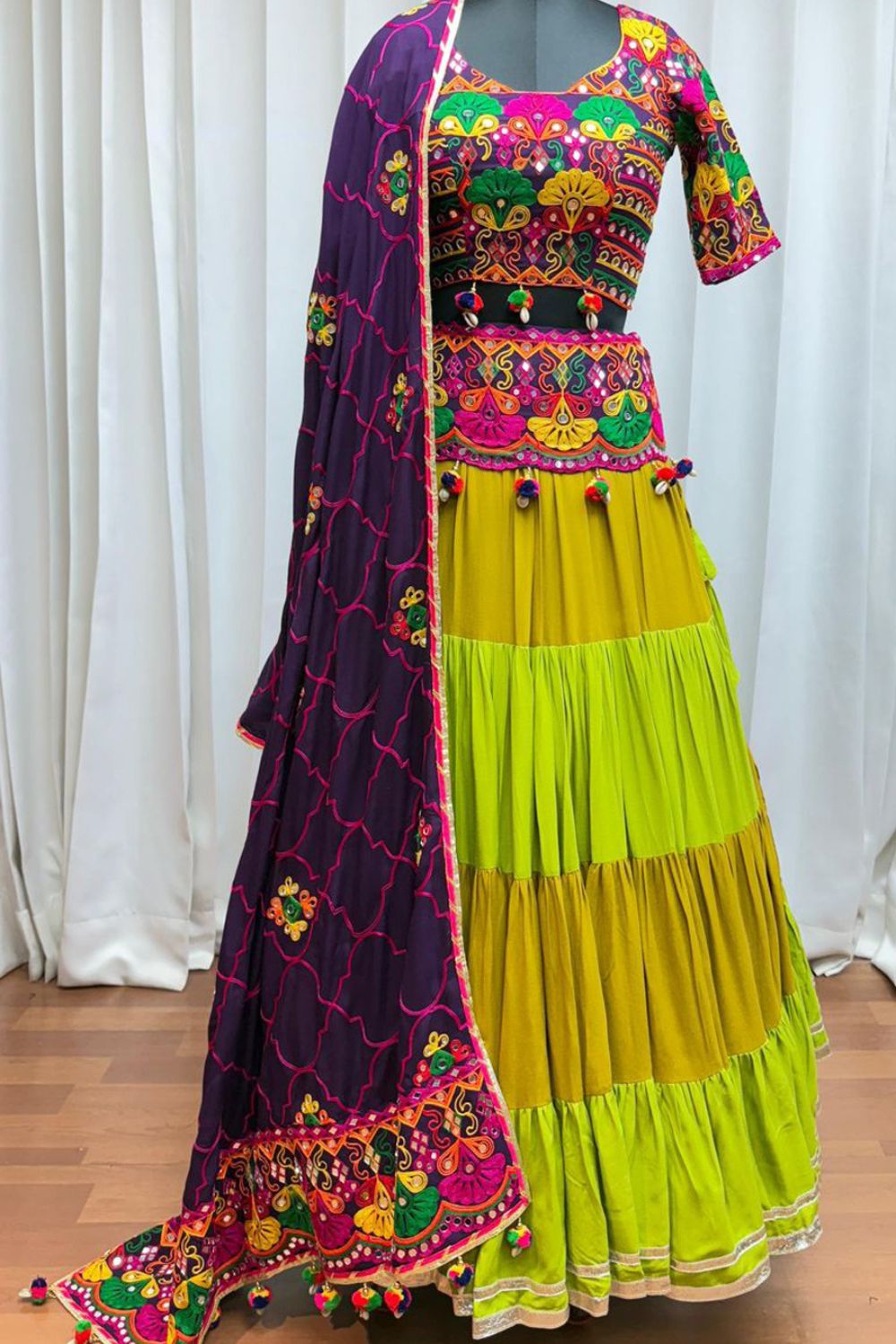 Mustard And Green Viscose Cotton Navratri Lehenga Choli Thread With Mirror Work