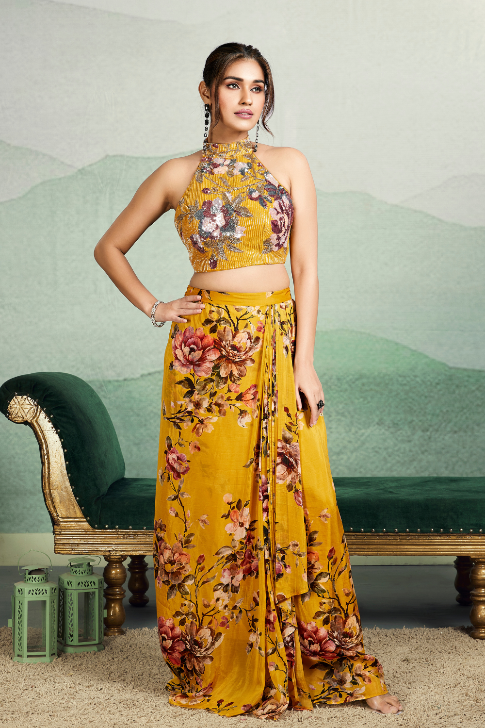 Mustard Crepe Silk Digital Printed Crop Top Palazzo Set With Halter Neck Blouse