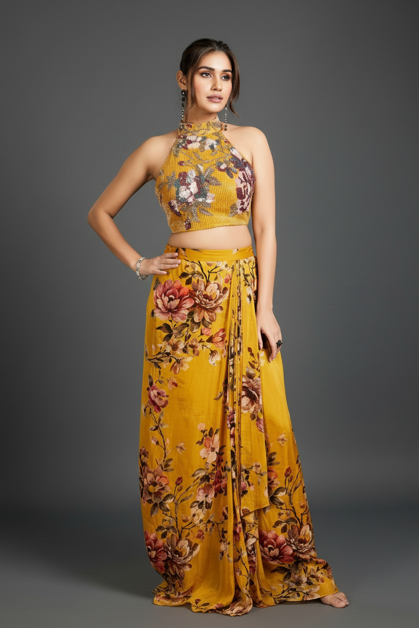 Mustard Crepe Silk Digital Printed Crop Top Palazzo Set With Halter Neck Blouse
