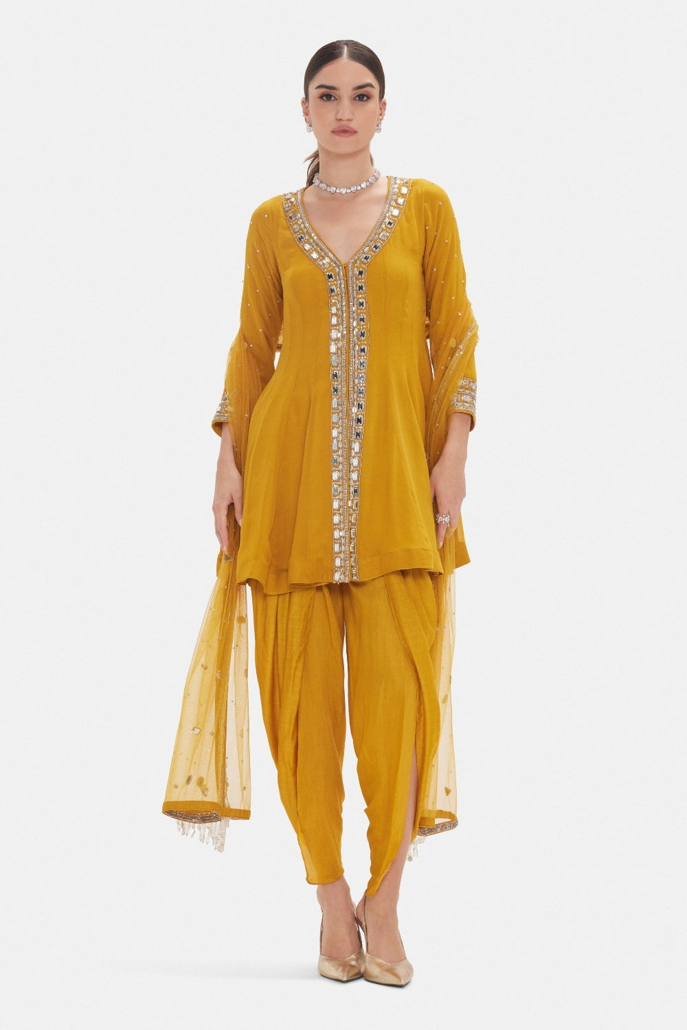Mustard Yellow Dhoti Set with Moti and Mirror Work