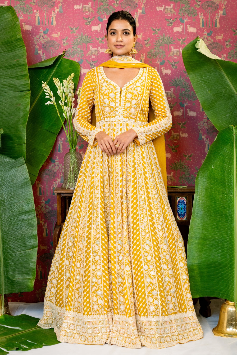 Mustard Yellow Georgette Anarakali Set with Moti and Cutdana Work