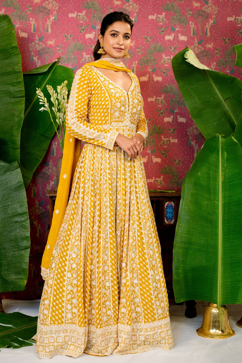 Mustard Yellow Georgette Anarakali Set with Moti and Cutdana Work