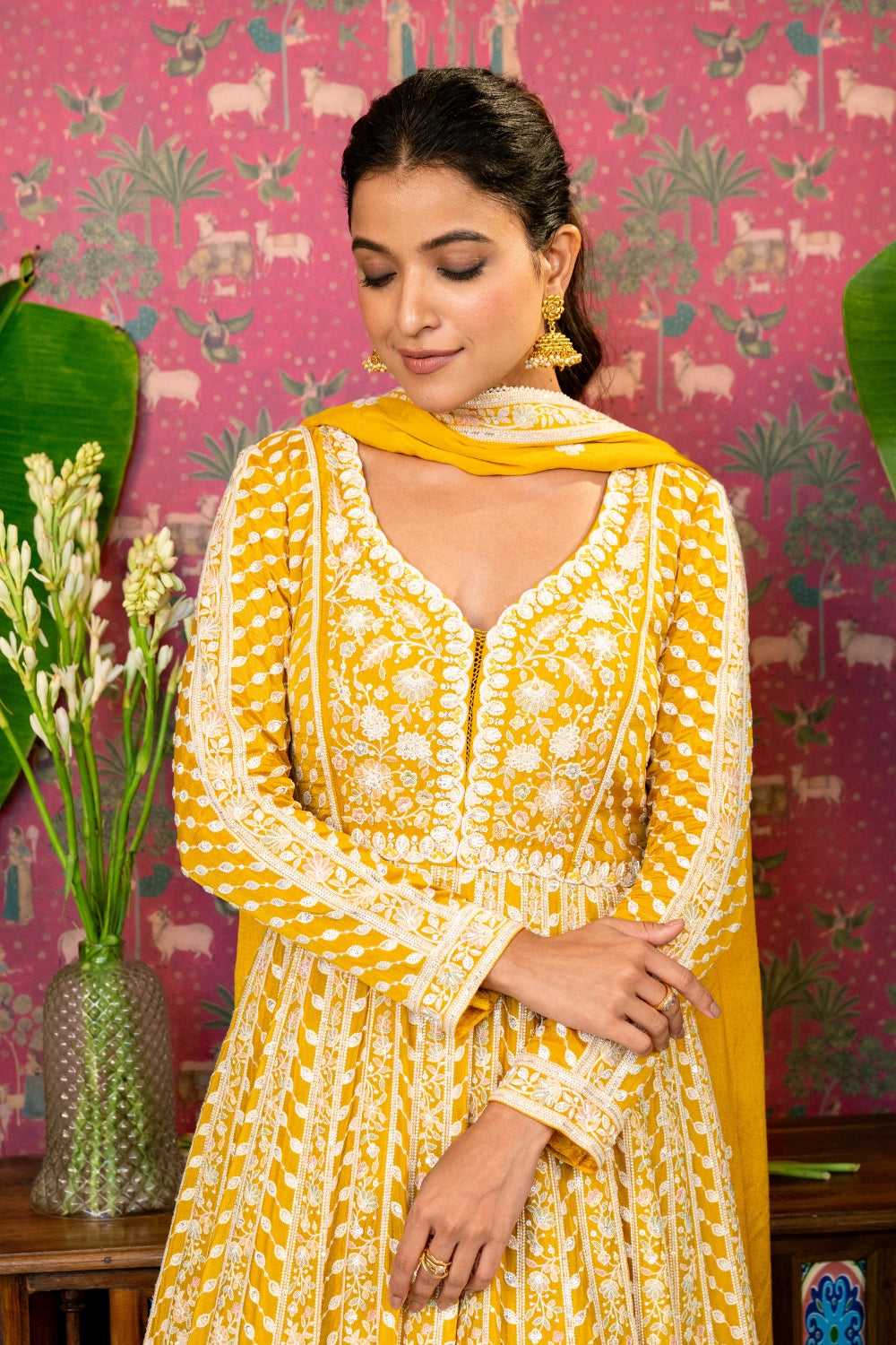 Mustard Yellow Georgette Anarakali Set with Moti and Cutdana Work