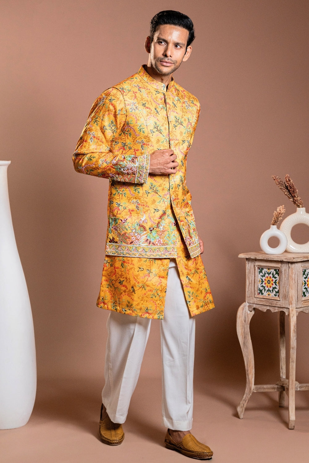 Mustard Yellow Printed Silk Koti Set with Sequins and Cutdana Work