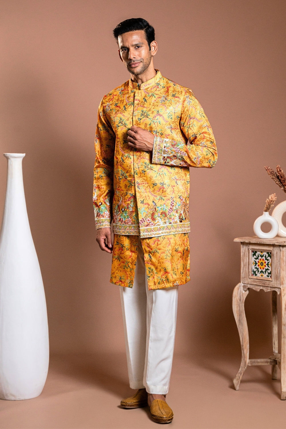 Mustard Yellow Printed Silk Koti Set with Sequins and Cutdana Work