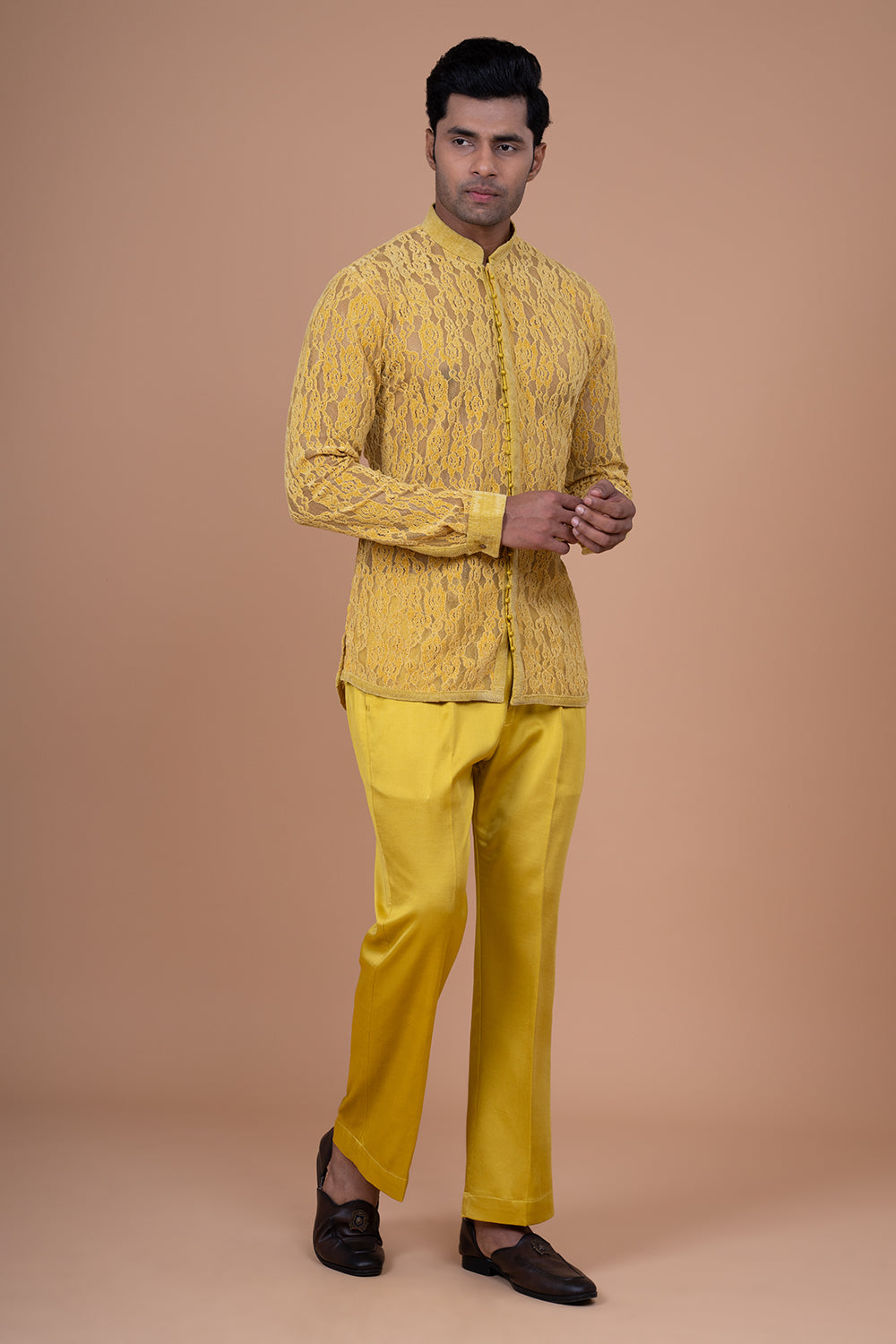 Mustard Yellow Sheer Floral Lace Kurta with Tonal Satin-Silk Trousers.