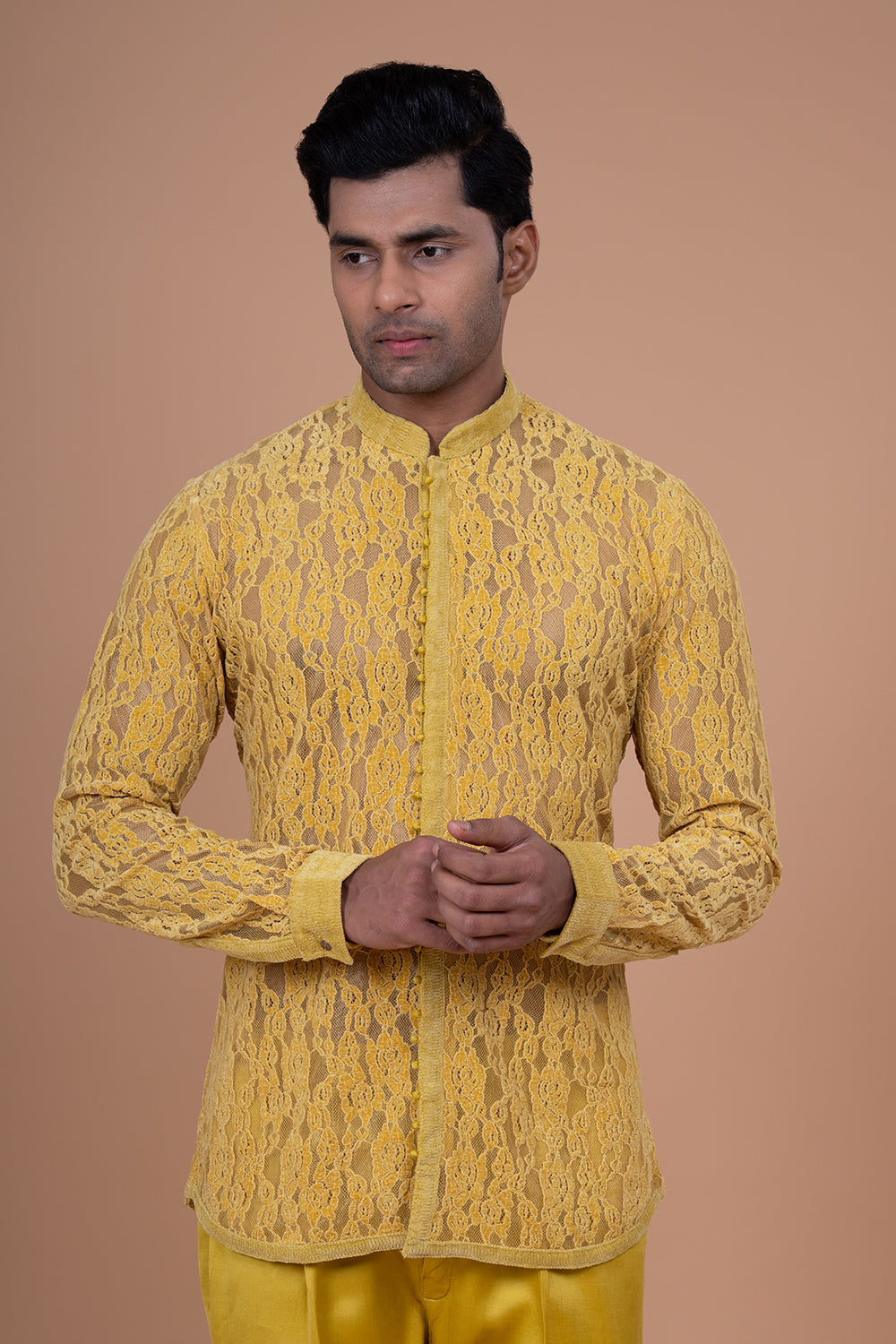 Mustard Yellow Sheer Floral Lace Kurta with Tonal Satin-Silk Trousers.