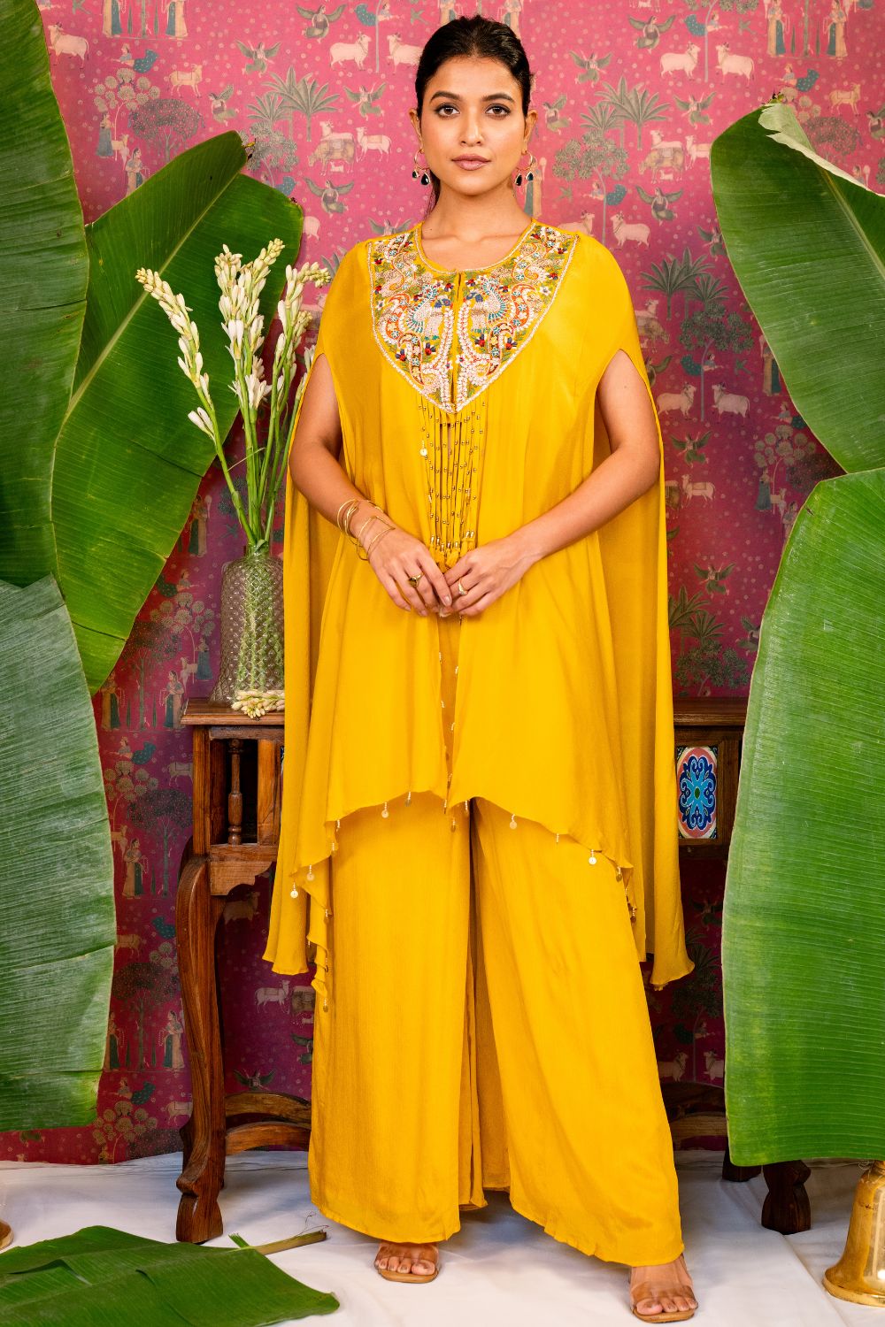 Mustard Yellow Silk Indo Western with Resham and Zardosi Work