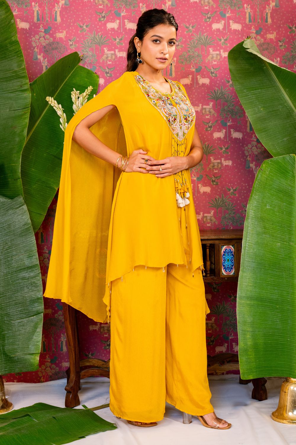 Mustard Yellow Silk Indo Western with Resham and Zardosi Work