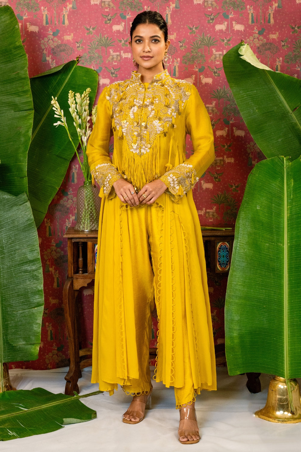 Mustard Yellow Silk Indo Western with Zardosi and Cutdana Work