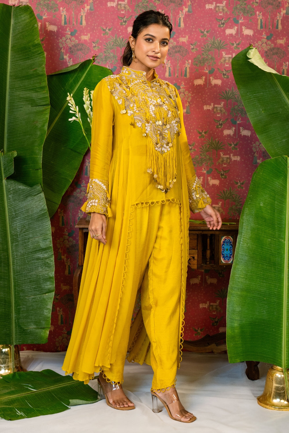 Mustard Yellow Silk Indo Western with Zardosi and Cutdana Work