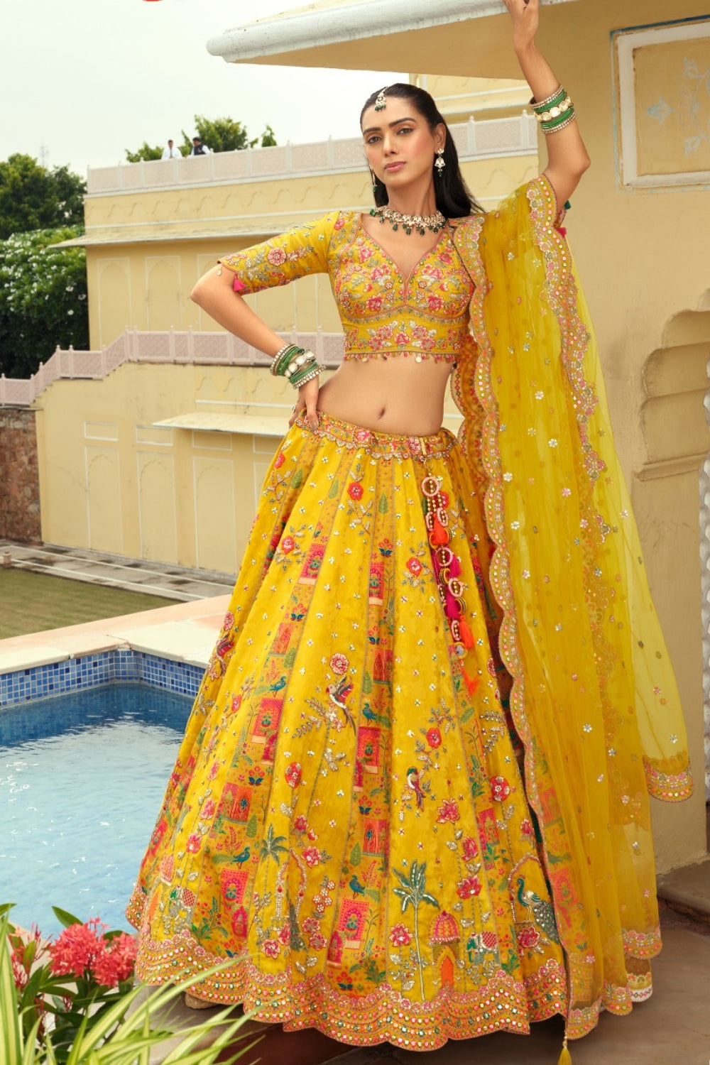 Mustard Yellow Silk Lehenga with Stone and Cutdana Work