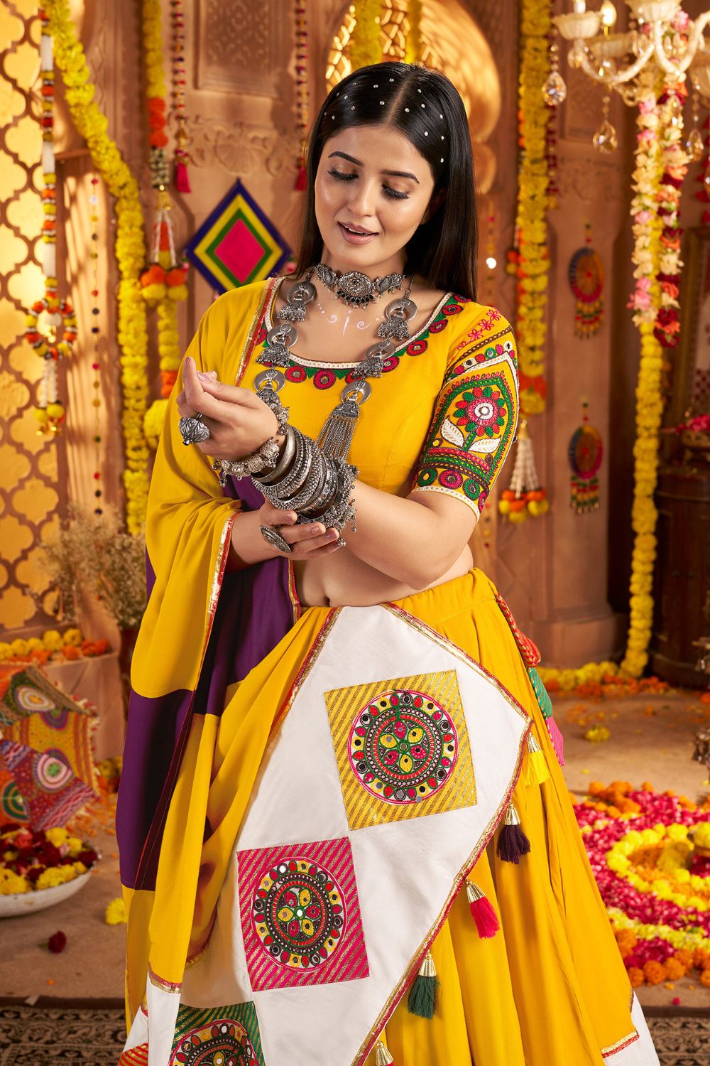 Mustard Yellow Viscose Cotton Navratri Lehenga Choli With Thread Embriodered And Jacquard Patch Work