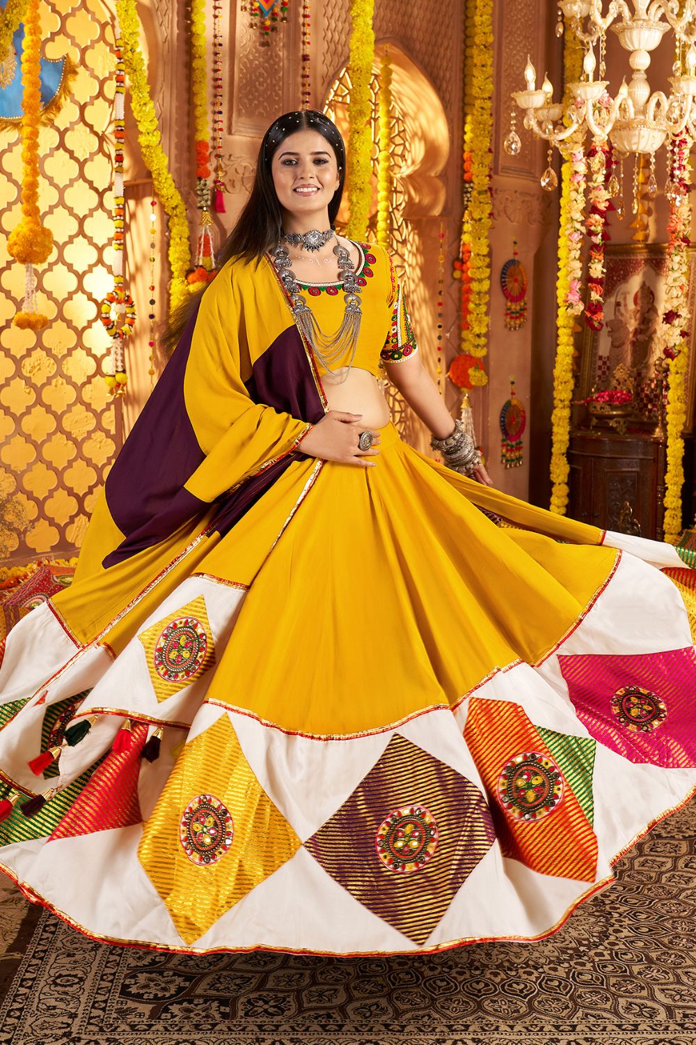Mustard Yellow Viscose Cotton Navratri Lehenga Choli With Thread Embriodered And Jacquard Patch Work