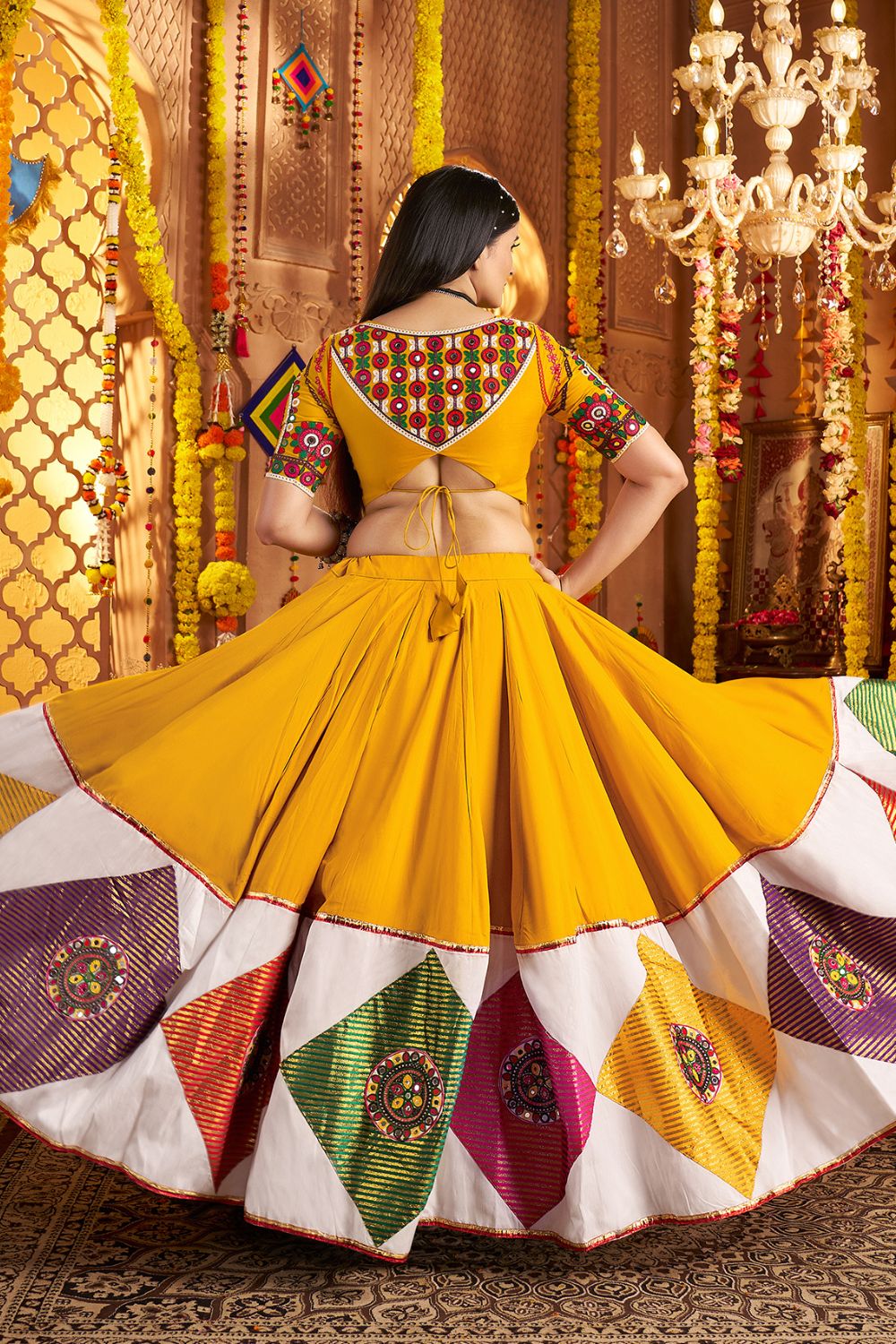 Mustard Yellow Viscose Cotton Navratri Lehenga Choli With Thread Embriodered And Jacquard Patch Work