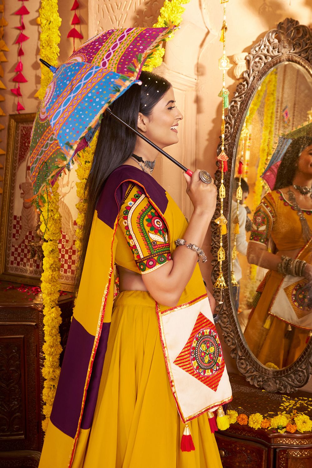 Mustard Yellow Viscose Cotton Navratri Lehenga Choli With Thread Embriodered And Jacquard Patch Work