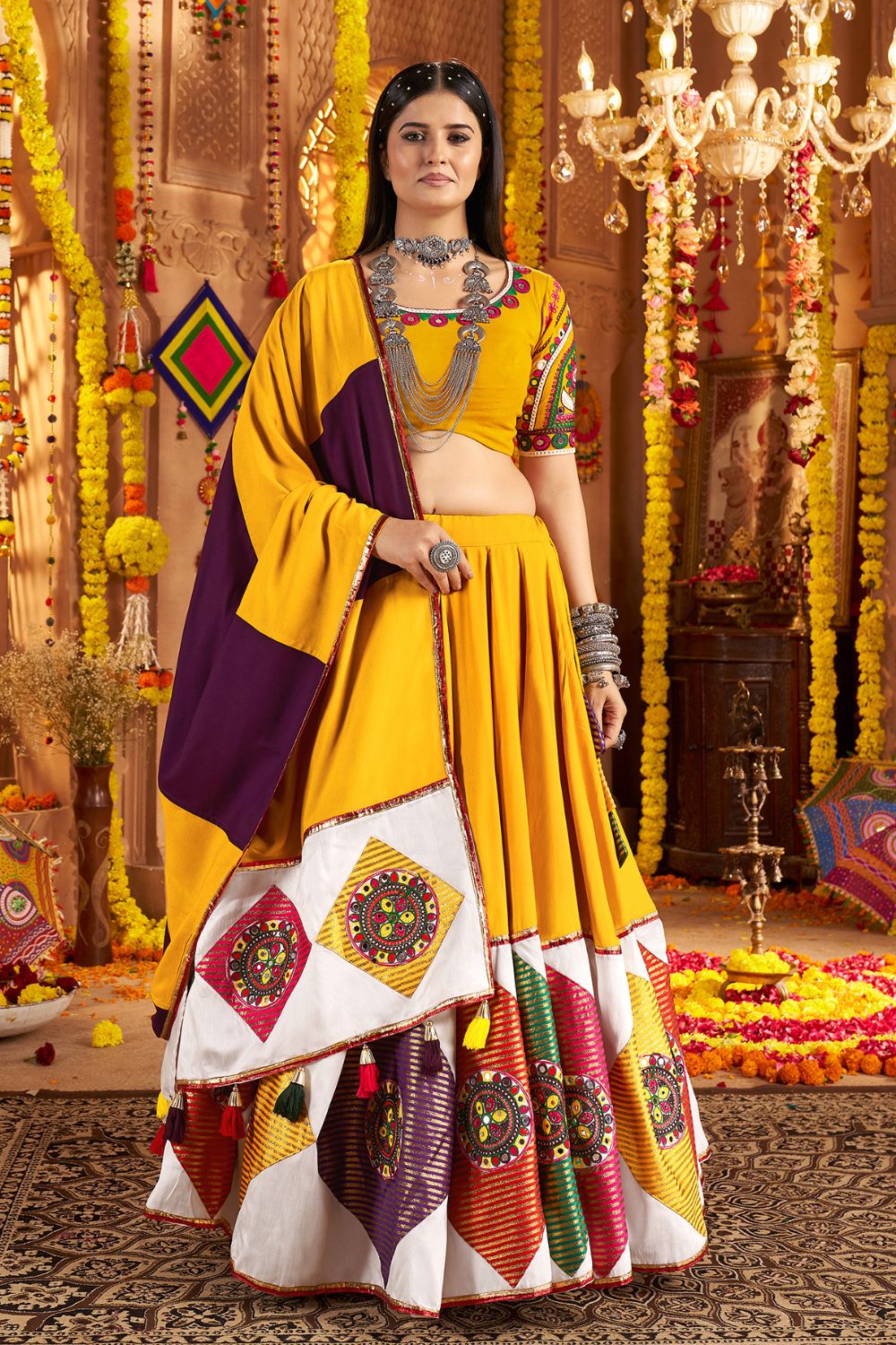 Mustard Yellow Viscose Cotton Navratri Lehenga Choli With Thread Embriodered And Jacquard Patch Work