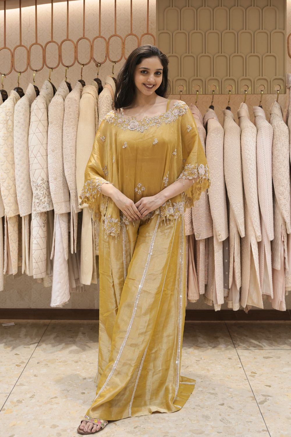 Mustard Yellow Tissue Indo Western with Cut Dana and Pearl Work