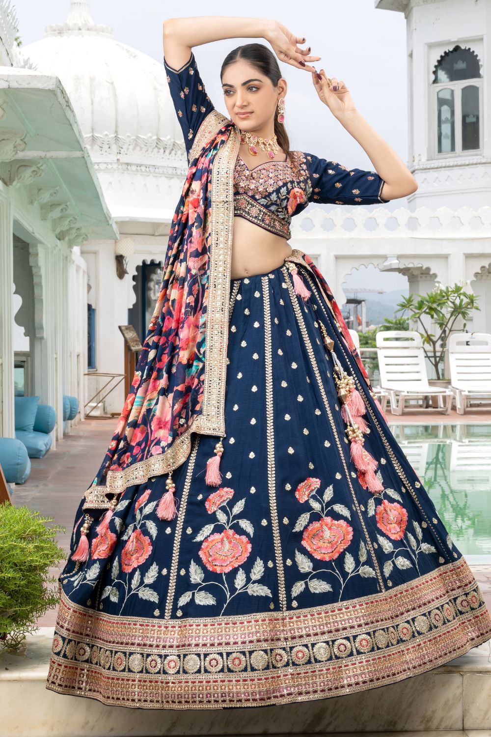 NAVY BLUE SILK LEHENGA CHOLI WITH SEQUINES AND CUTDANA WORK