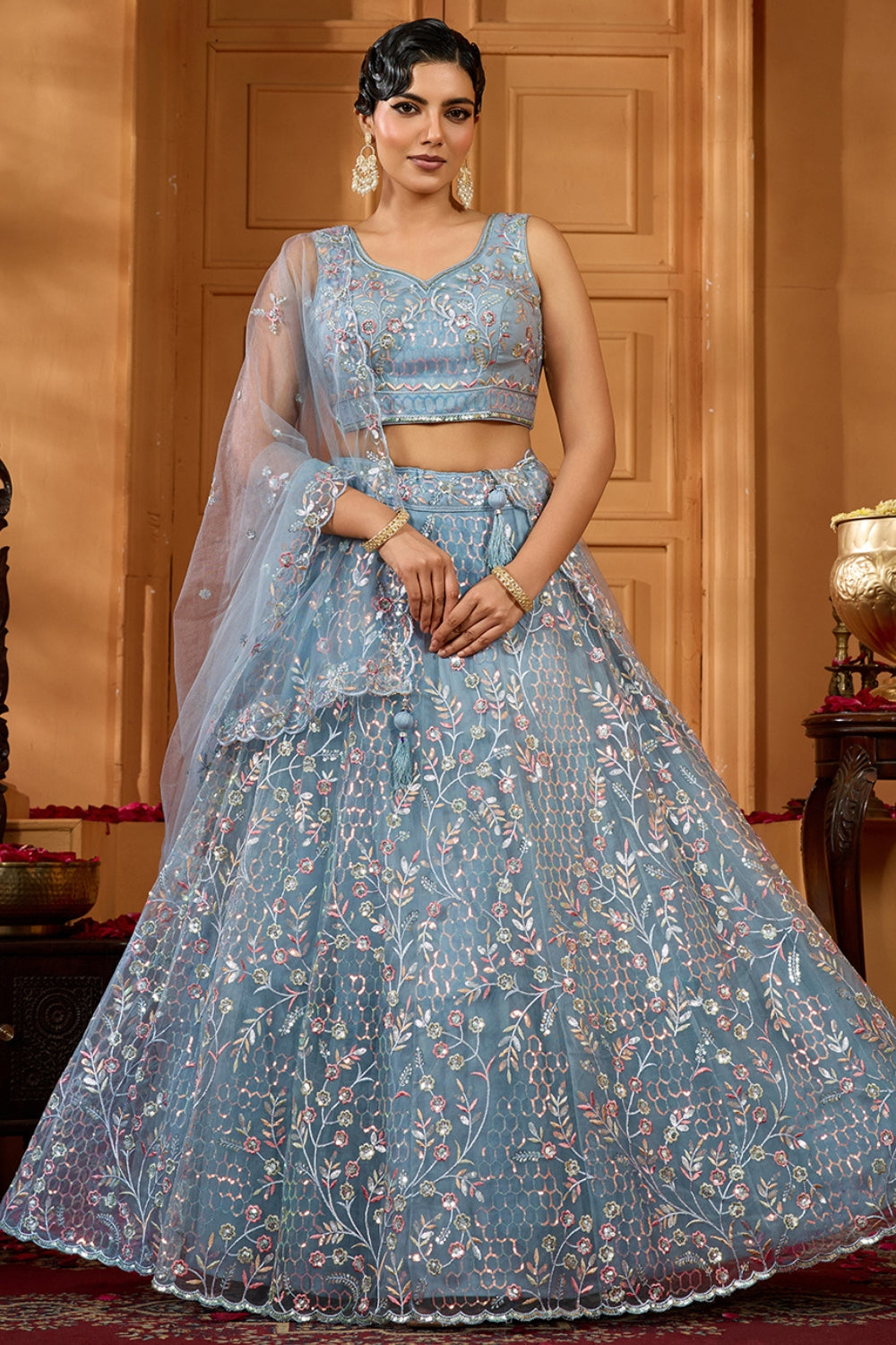 NET LEHENGA CHOLI WITH SEQUINS AND RESHAM EMBROIDERY