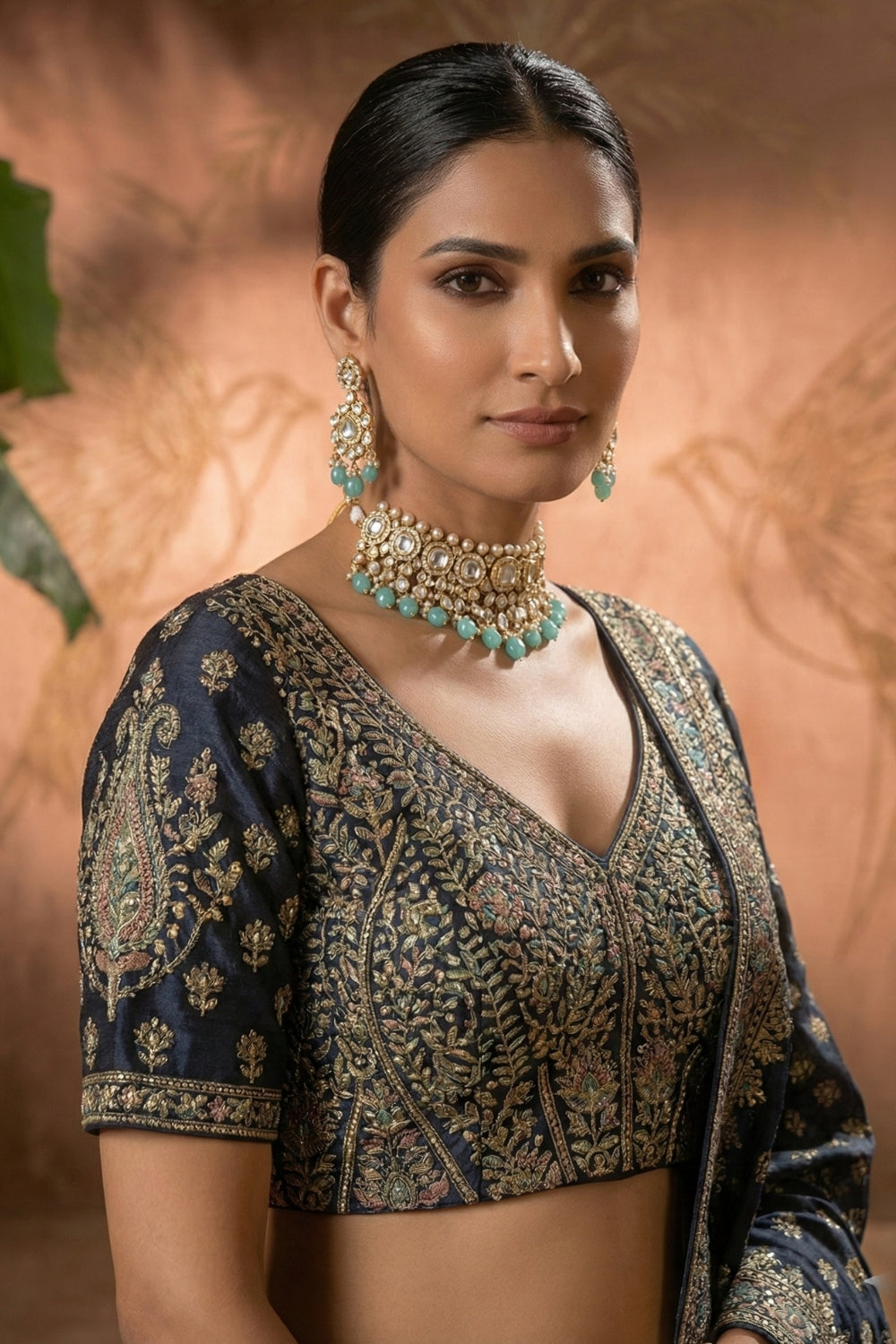 Navy Blue Banarsi Silk Lehenga Set with Moti and Cutdana Work