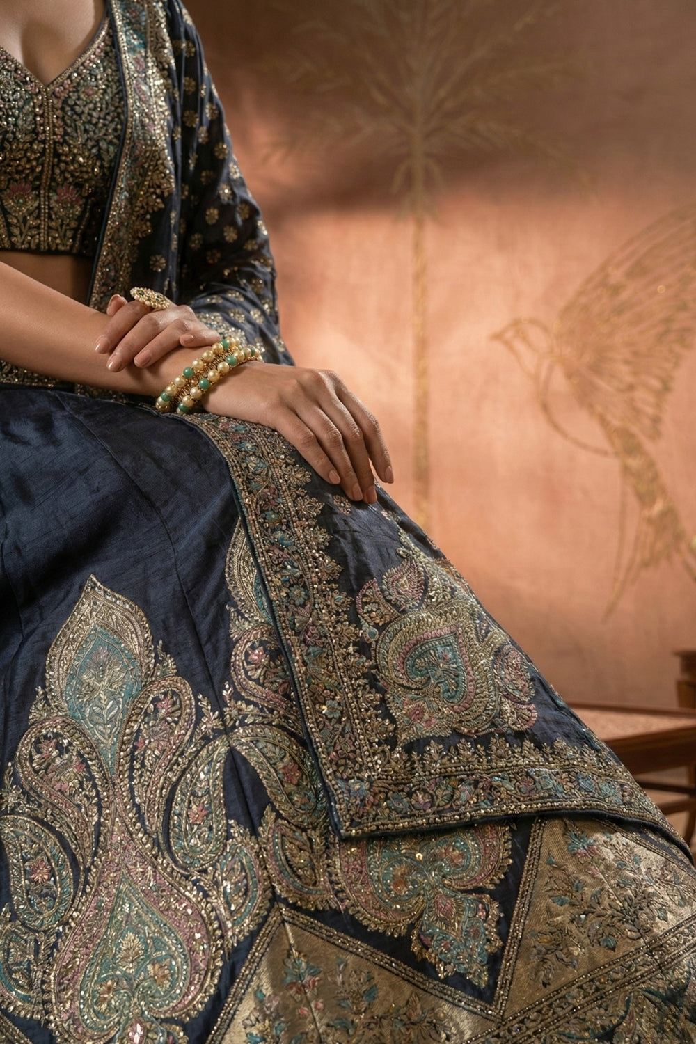 Navy Blue Banarsi Silk Lehenga Set with Moti and Cutdana Work