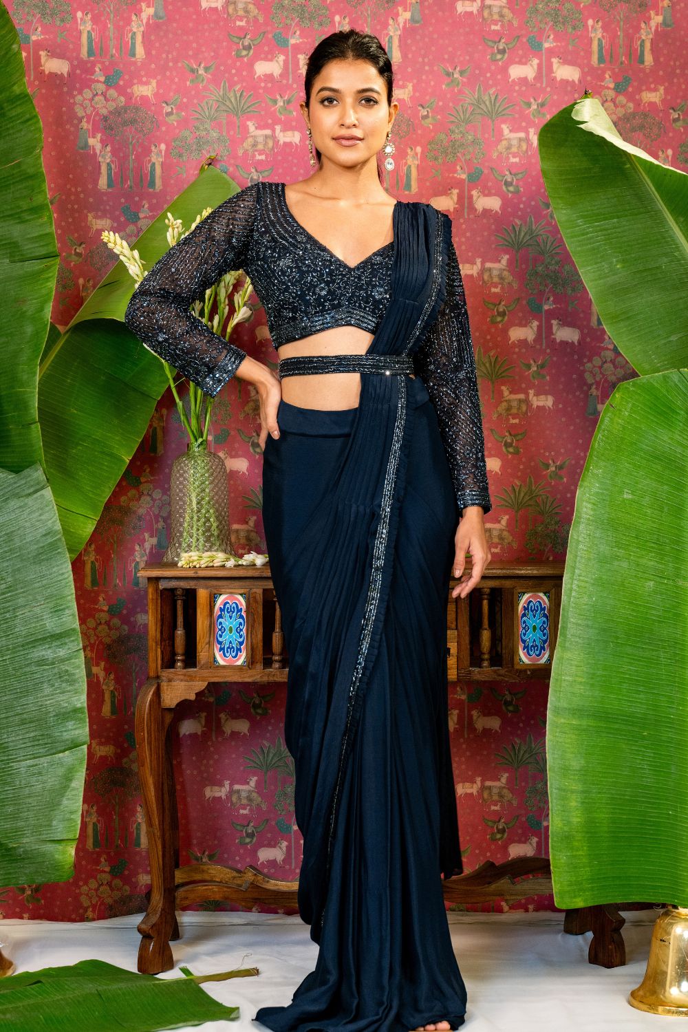 Navy Blue Cerepe Silk Pre-Draped Saree with Sequins and Cutdana Work