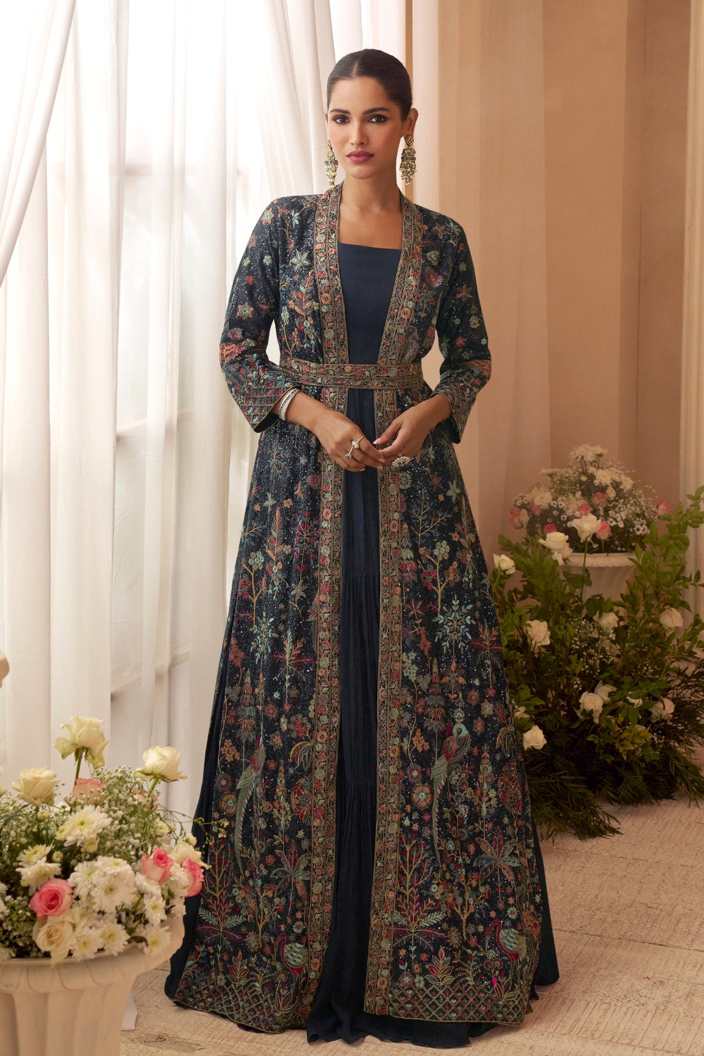 Navy Blue Chinon Anarkali Set with Resham Embroidery and Sequins Work