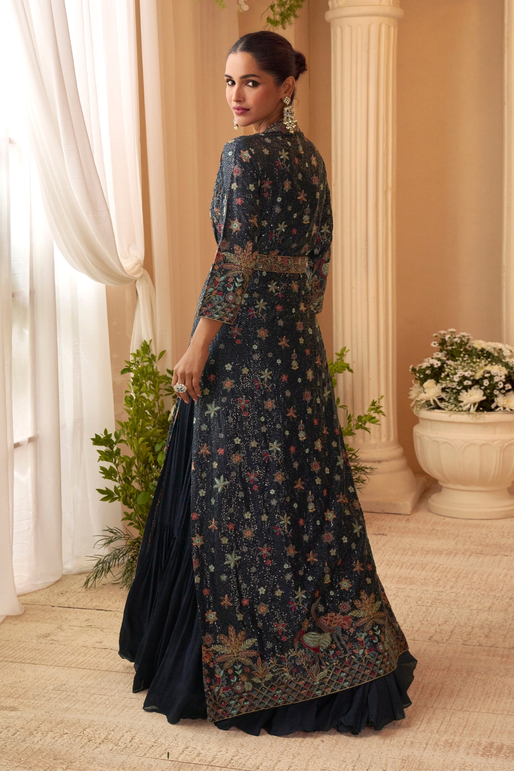 Navy Blue Chinon Anarkali Set with Resham Embroidery and Sequins Work