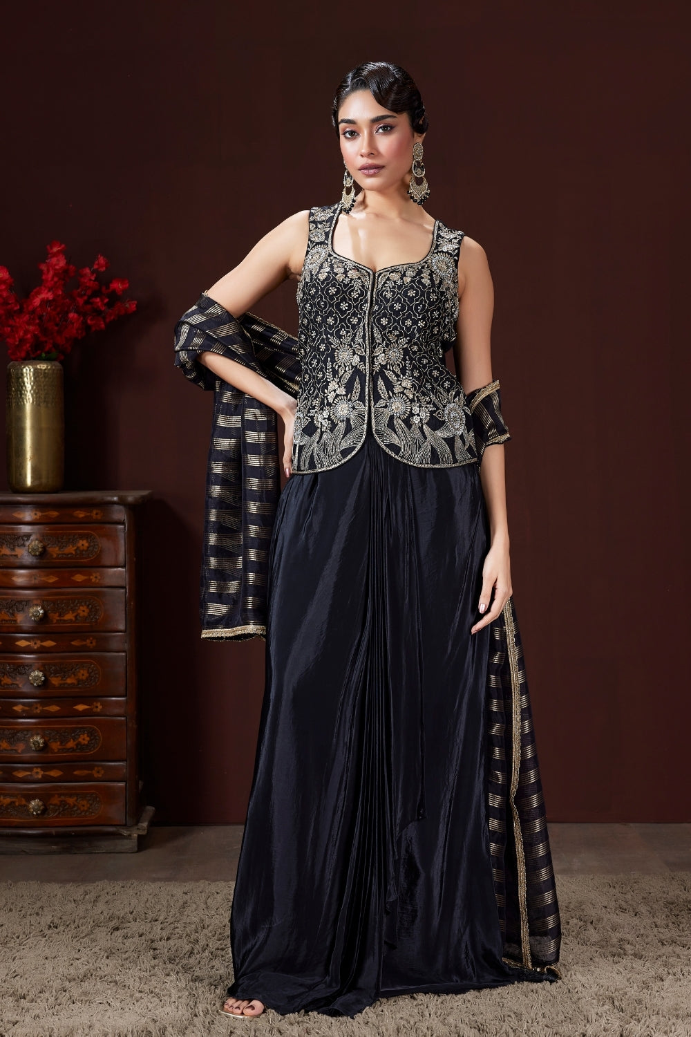 Navy Blue Georgette Skirt Set with Cutdana and Zari Embroidery Work