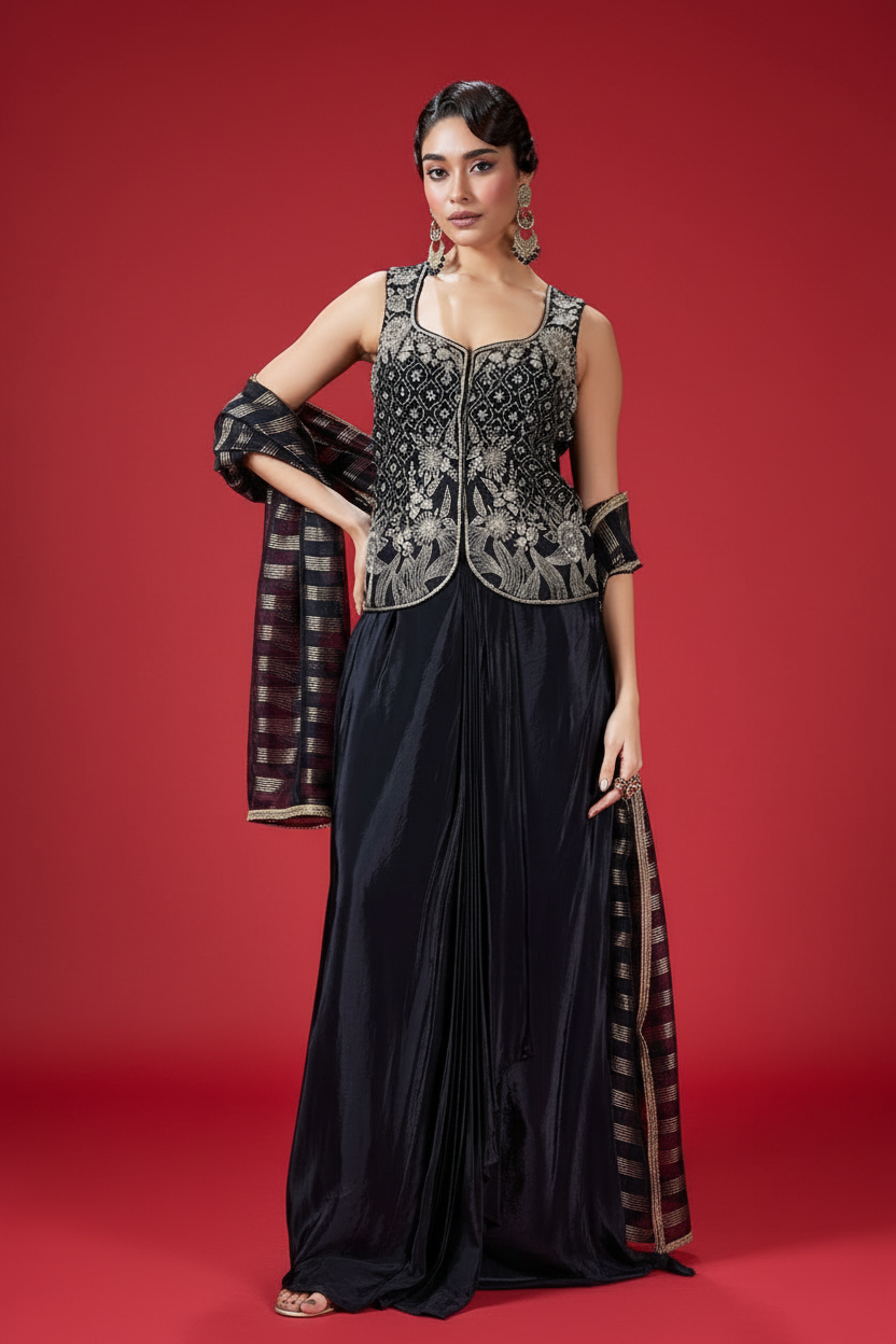 Navy Blue Georgette Skirt Set with Cutdana and Zari Embroidery Work